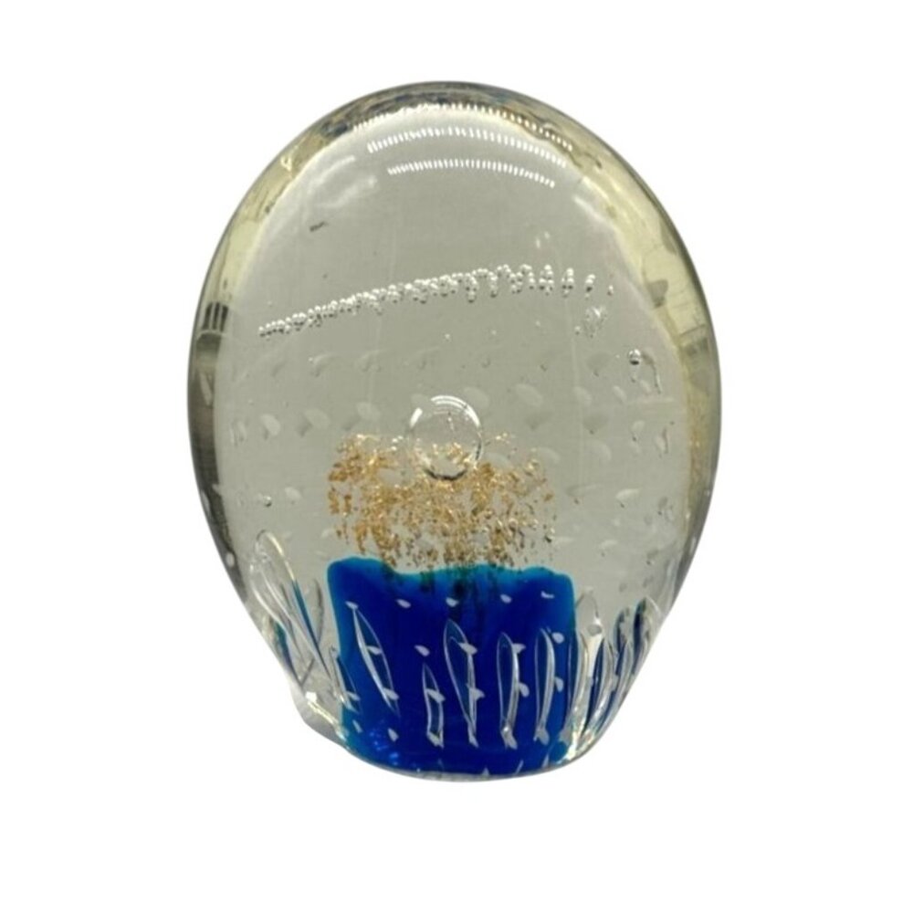 Handblown Oval Art Glass Paperweight Gold Flake & Blue Accents Polished Bottom